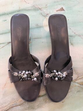 Brighton Women’s Black Leather Slide Sandals Beaded Wedge Slip-On US 8